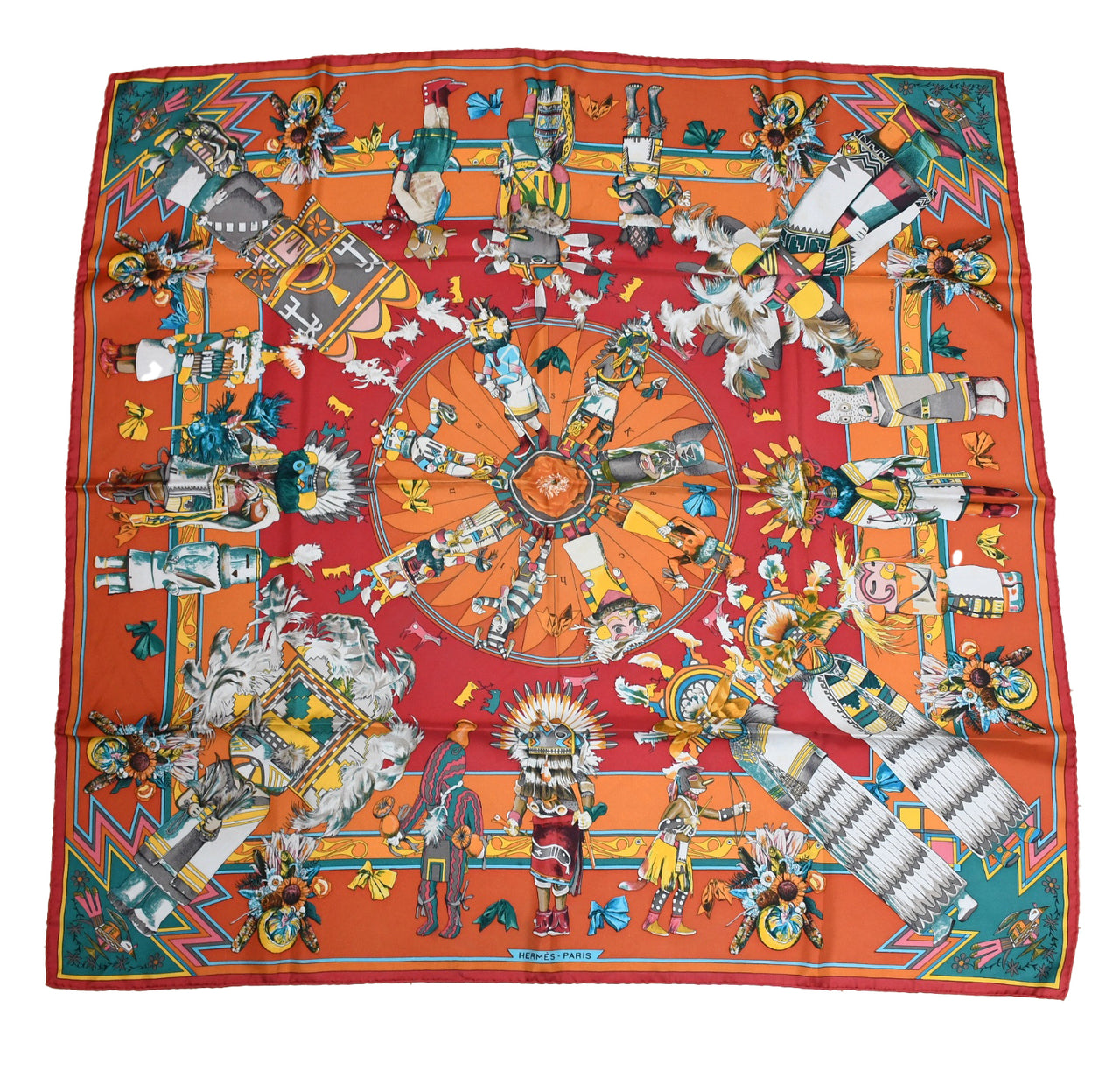 Hermes Scarf Kachina by Kermit Oliver 90 cm silk native orange Carre 35"