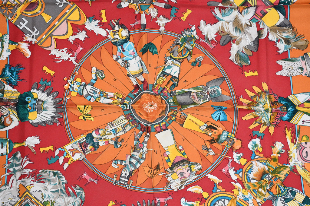 Hermes Scarf Kachina by Kermit Oliver 90 cm silk native orange Carre 35"