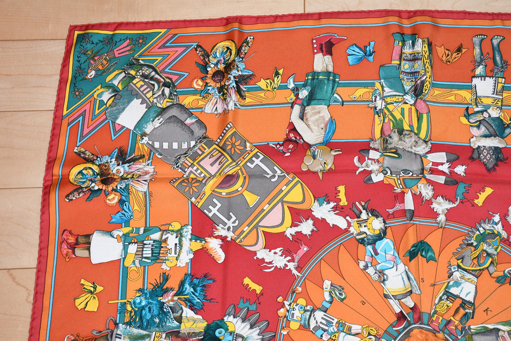 Hermes Scarf Kachina by Kermit Oliver 90 cm silk native orange Carre 35"