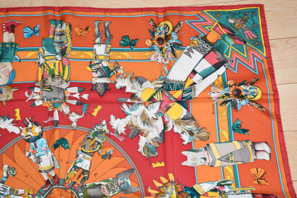 Hermes Scarf Kachina by Kermit Oliver 90 cm silk native orange Carre 35"