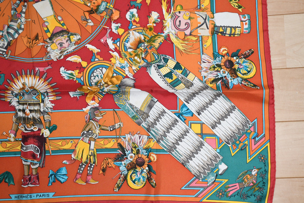 Hermes Scarf Kachina by Kermit Oliver 90 cm silk native orange Carre 35"
