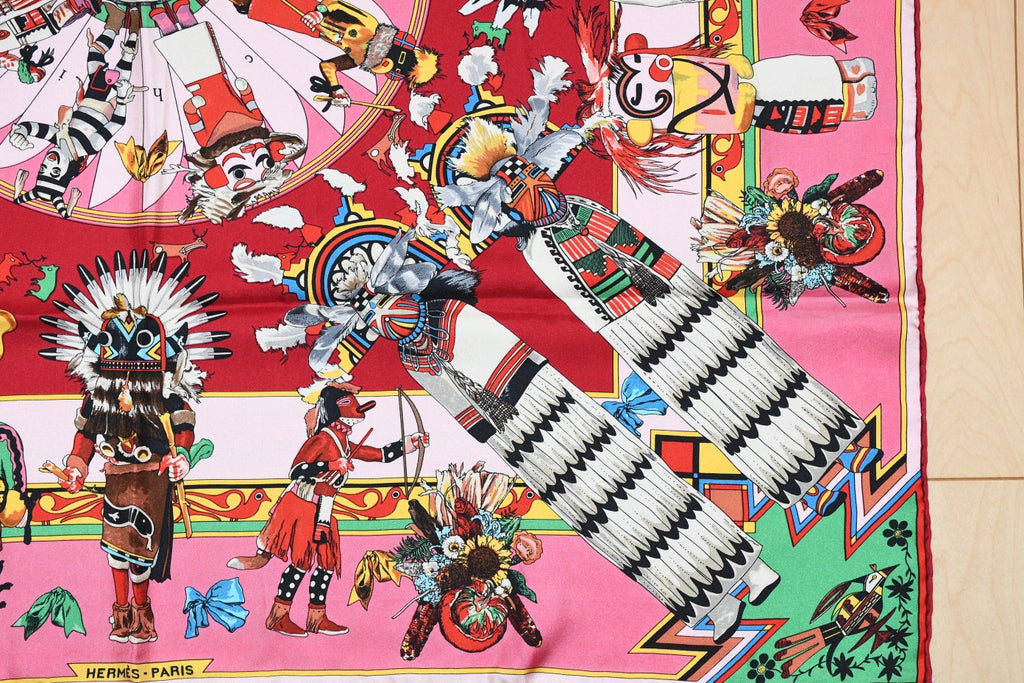 Hermes Scarf Kachina by Kermit Oliver 90 cm silk native pink Carre 35" 095