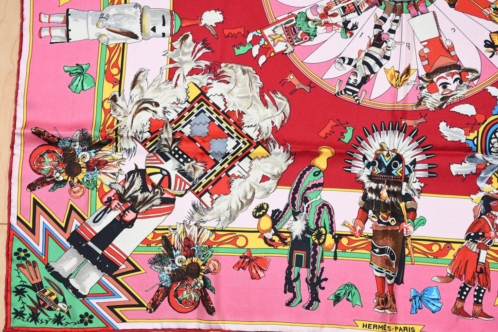 Hermes Scarf Kachina by Kermit Oliver 90 cm silk native pink Carre 35" 095