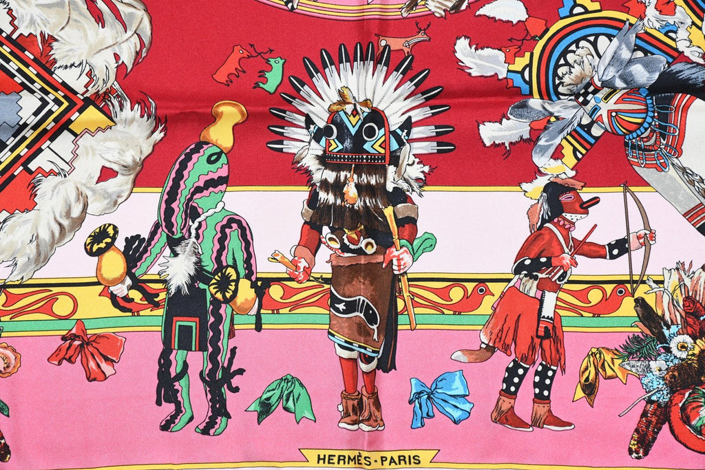 Hermes Scarf Kachina by Kermit Oliver 90 cm silk native pink Carre 35" 095