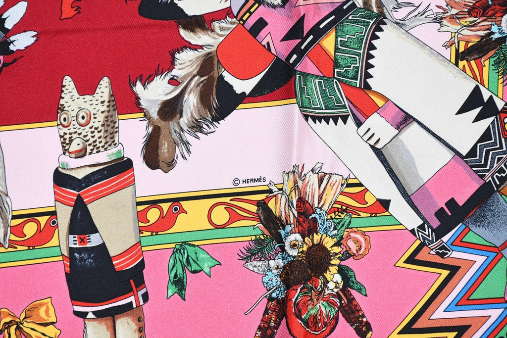 Hermes Scarf Kachina by Kermit Oliver 90 cm silk native pink Carre 35" 095