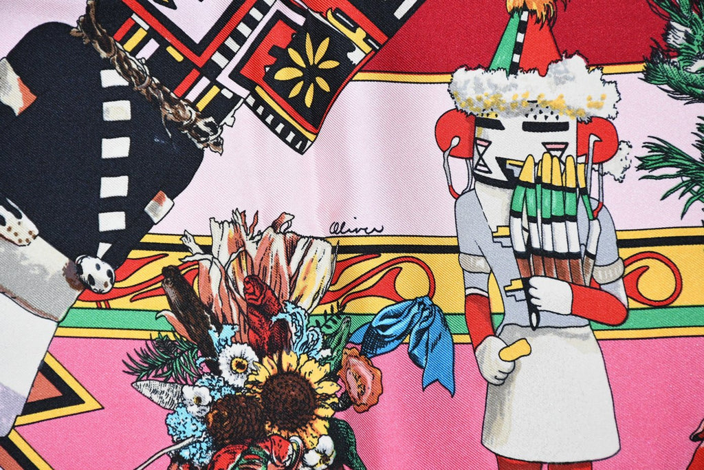 Hermes Scarf Kachina by Kermit Oliver 90 cm silk native pink Carre 35" 095