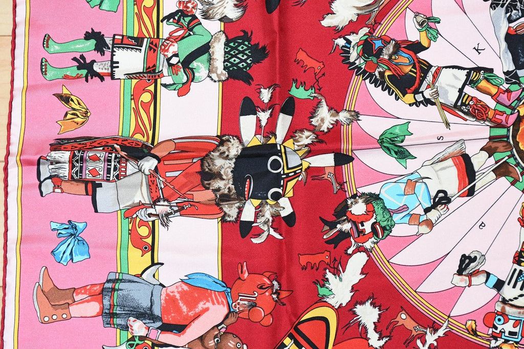Hermes Scarf Kachina by Kermit Oliver 90 cm silk native pink Carre 35" 095