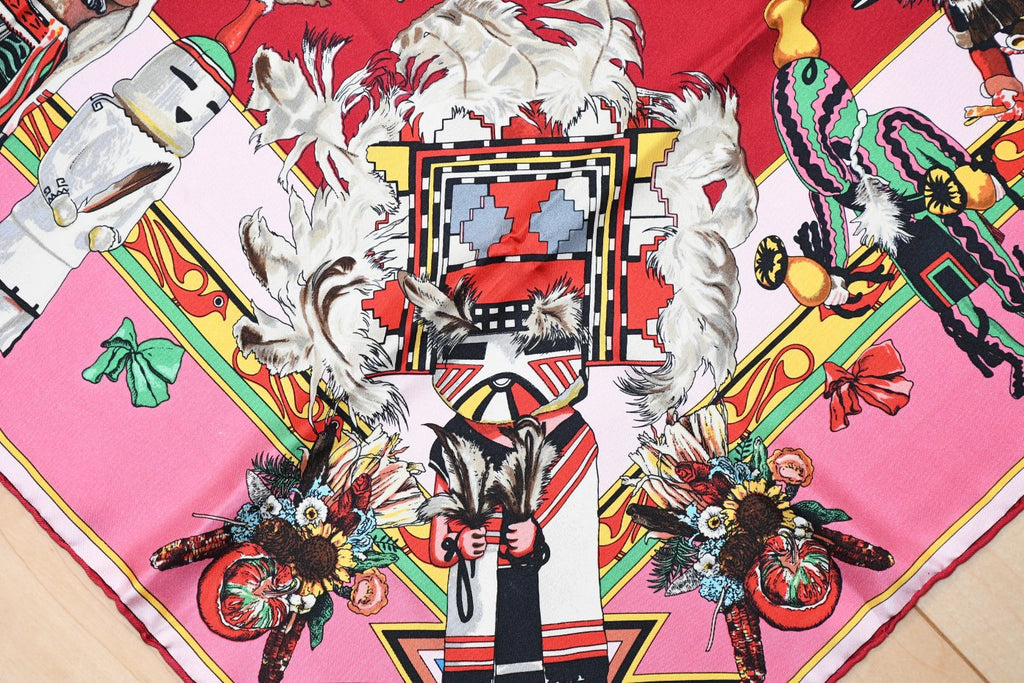 Hermes Scarf Kachina by Kermit Oliver 90 cm silk native pink Carre 35" 095