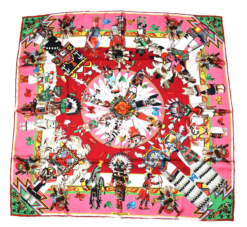 Hermes Scarf Kachina by Kermit Oliver 90 cm silk native pink Carre 35" 095