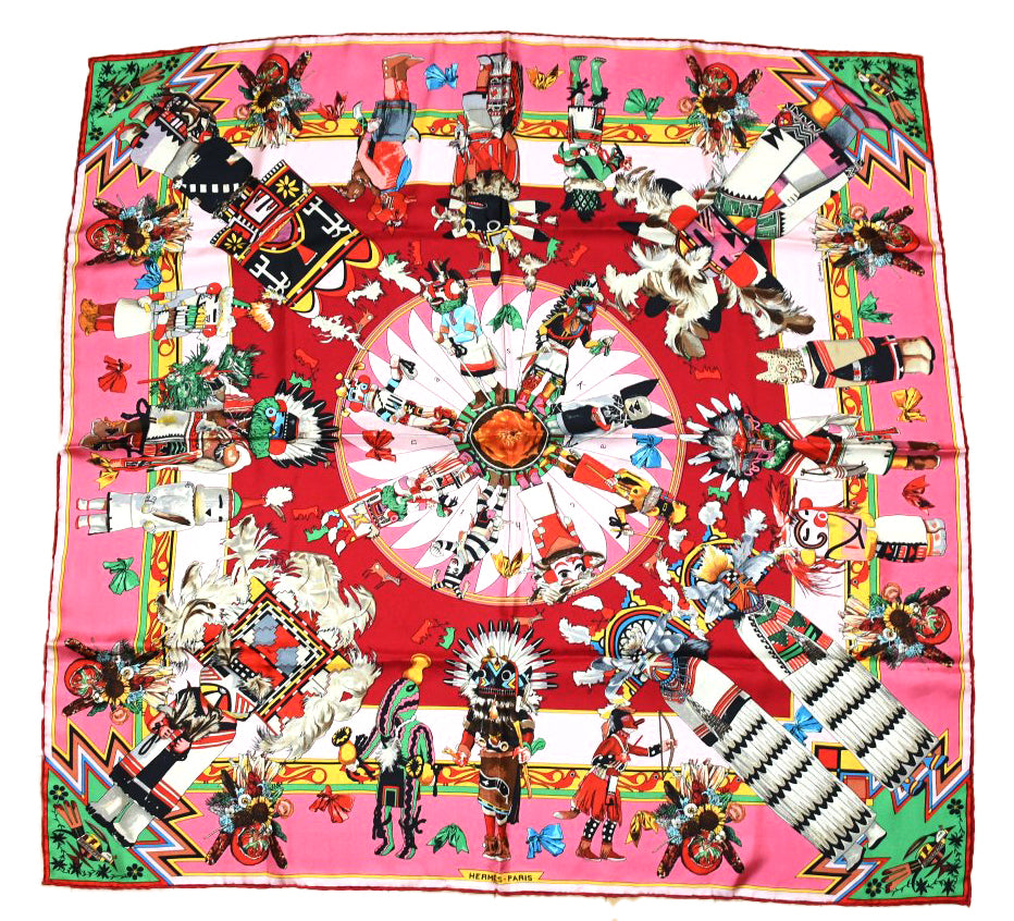 Hermes Scarf Kachina by Kermit Oliver 90 cm silk native pink Carre 35" 095