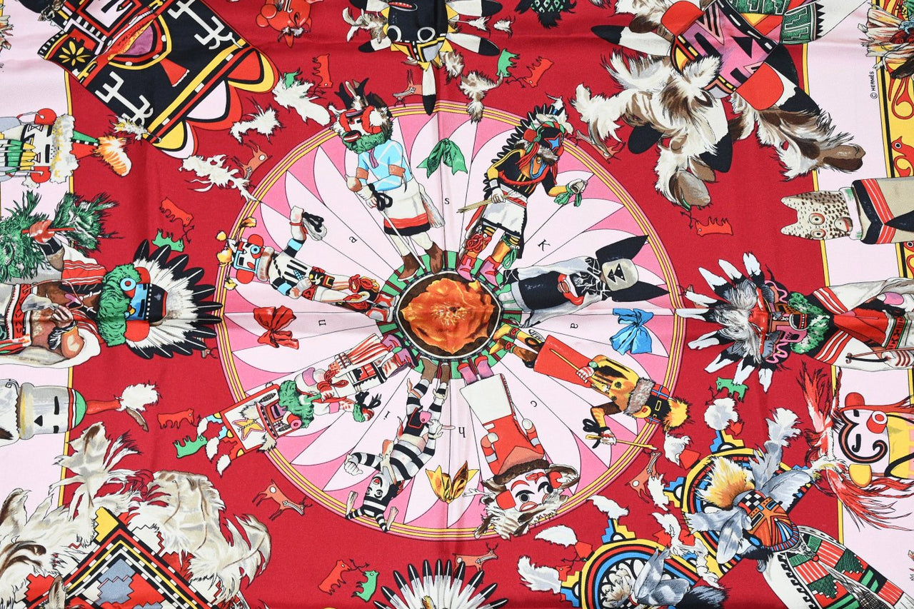 Hermes Scarf Kachina by Kermit Oliver 90 cm silk native pink Carre 35" 095