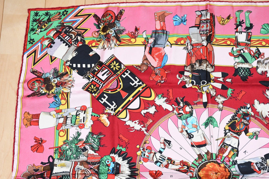 Hermes Scarf Kachina by Kermit Oliver 90 cm silk native pink Carre 35" 095