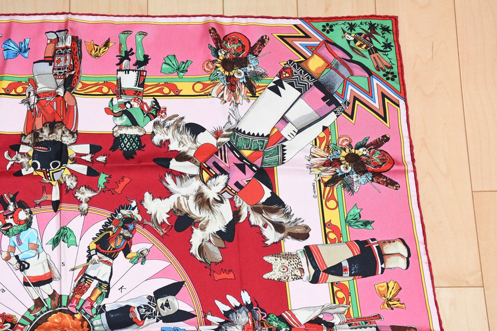 Hermes Scarf Kachina by Kermit Oliver 90 cm silk native pink Carre 35" 095