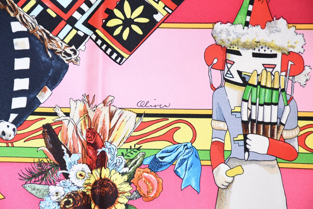 Hermes Scarf Kachina by Kermit Oliver 90 cm silk native pink Carre 35" M50