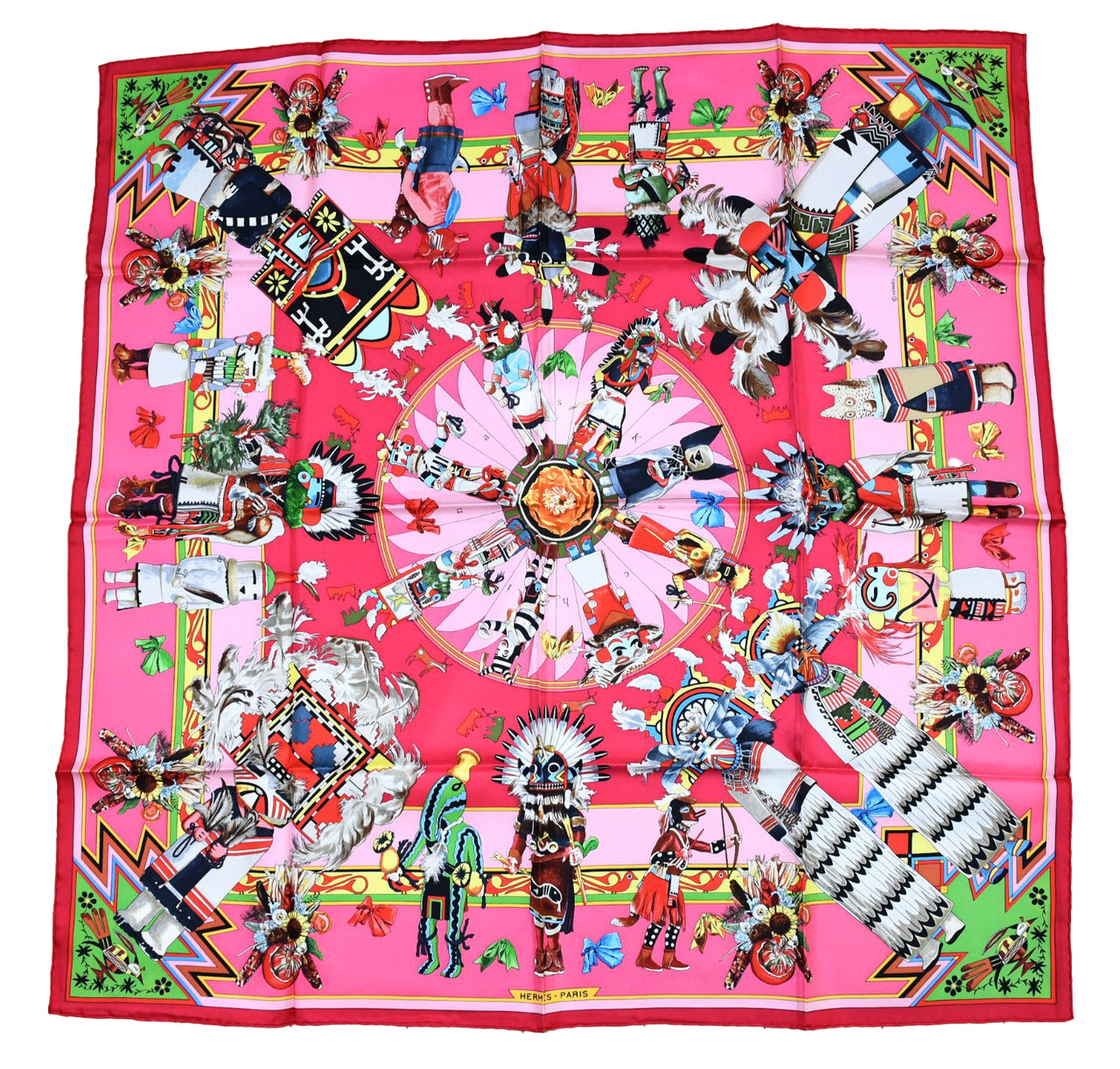 Hermes Scarf Kachina by Kermit Oliver 90 cm silk native pink Carre 35" M50