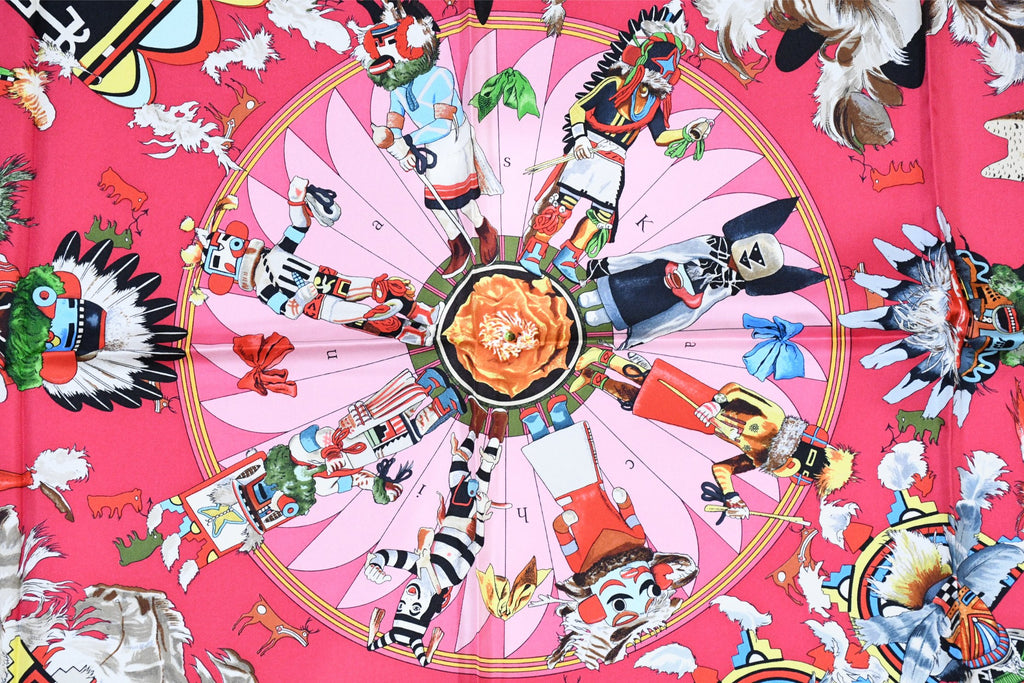 Hermes Scarf Kachina by Kermit Oliver 90 cm silk native pink Carre 35" M50