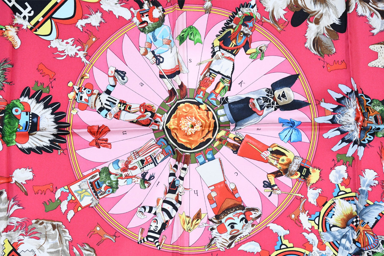 Hermes Scarf Kachina by Kermit Oliver 90 cm silk native pink Carre 35" M50