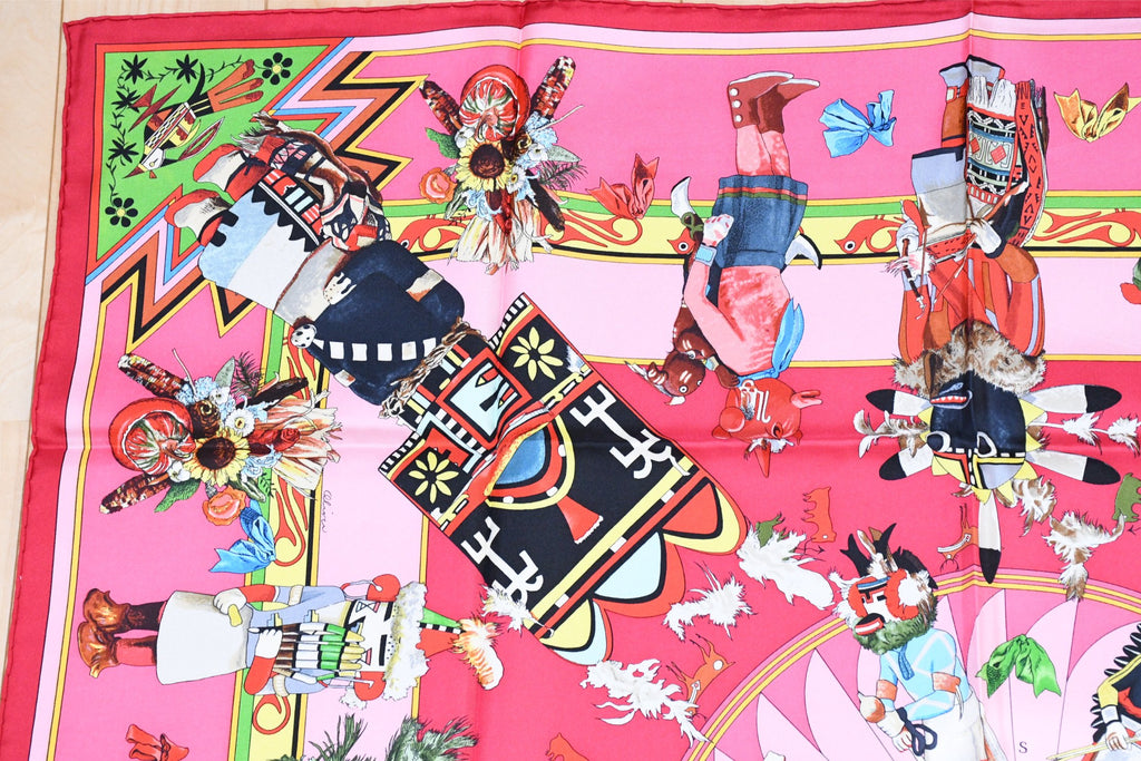 Hermes Scarf Kachina by Kermit Oliver 90 cm silk native pink Carre 35" M50