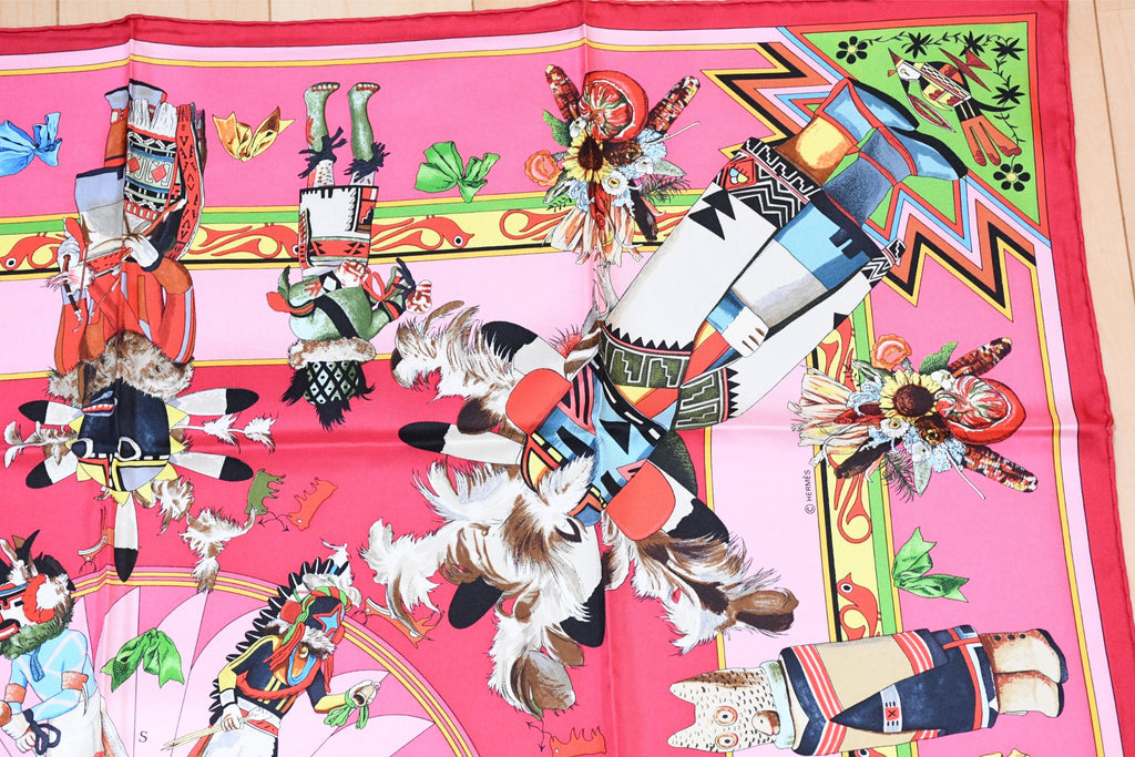 Hermes Scarf Kachina by Kermit Oliver 90 cm silk native pink Carre 35" M50
