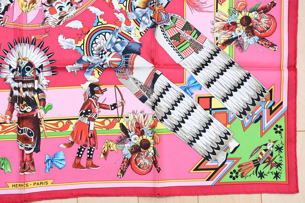 Hermes Scarf Kachina by Kermit Oliver 90 cm silk native pink Carre 35" M50