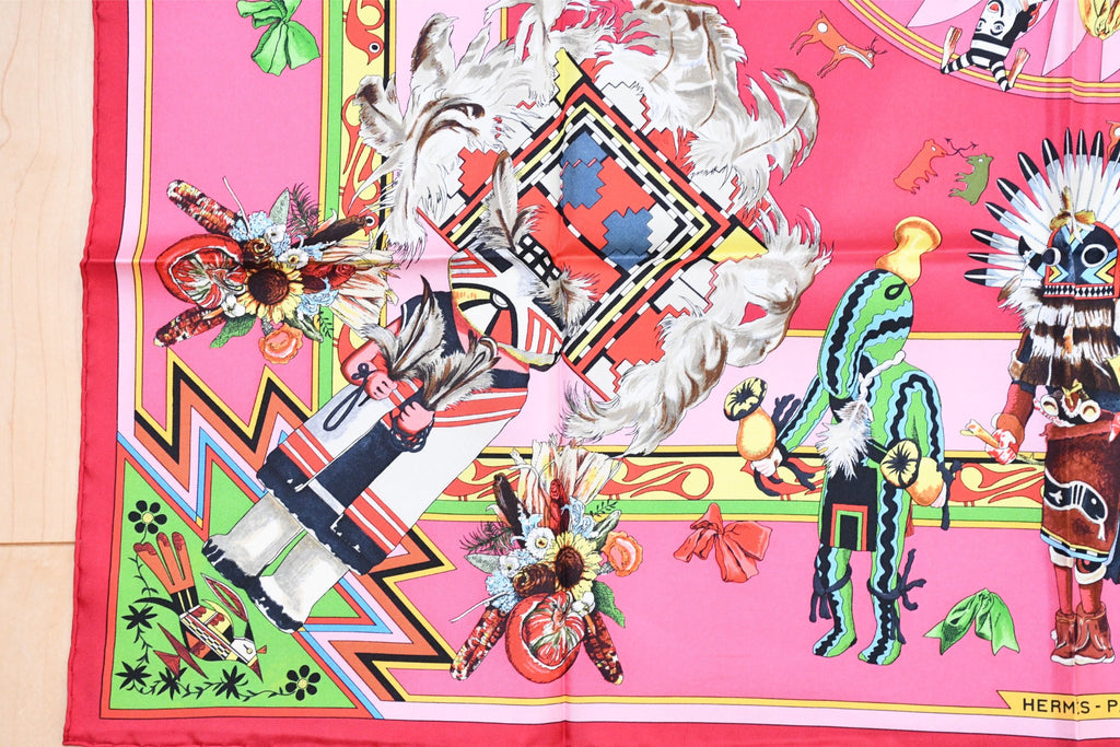 Hermes Scarf Kachina by Kermit Oliver 90 cm silk native pink Carre 35" M50