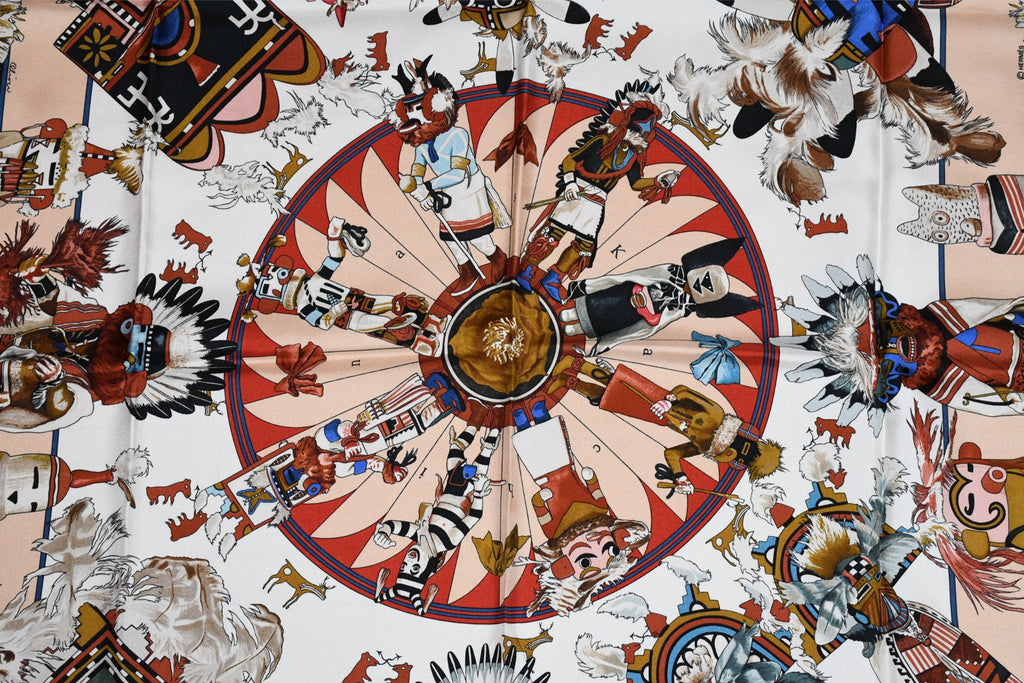 Hermes Scarf Kachina by Kermit Oliver 90 cm silk native red border blue Carre 35" 027