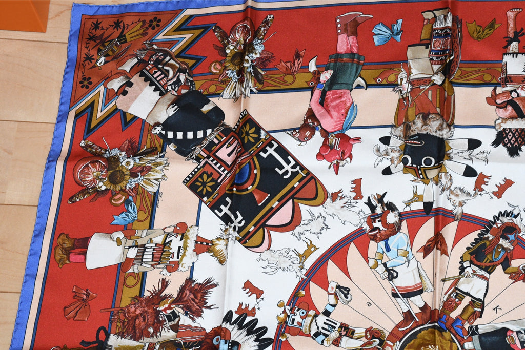 Hermes Scarf Kachina by Kermit Oliver 90 cm silk native red border blue Carre 35" 027