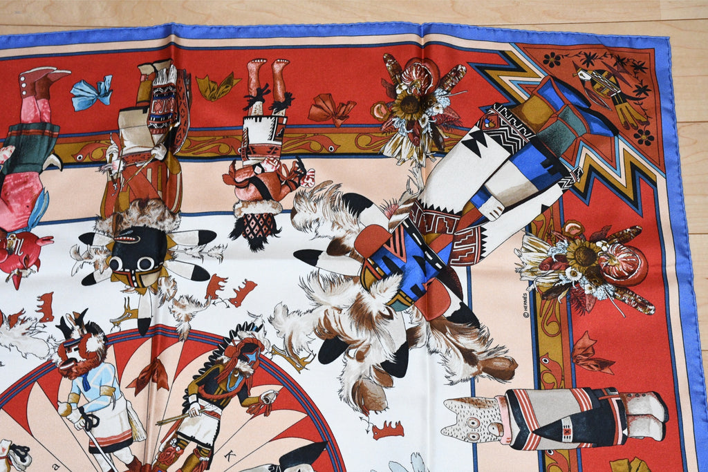 Hermes Scarf Kachina by Kermit Oliver 90 cm silk native red border blue Carre 35" 027