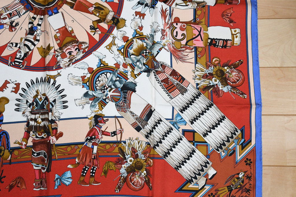 Hermes Scarf Kachina by Kermit Oliver 90 cm silk native red border blue Carre 35" 027