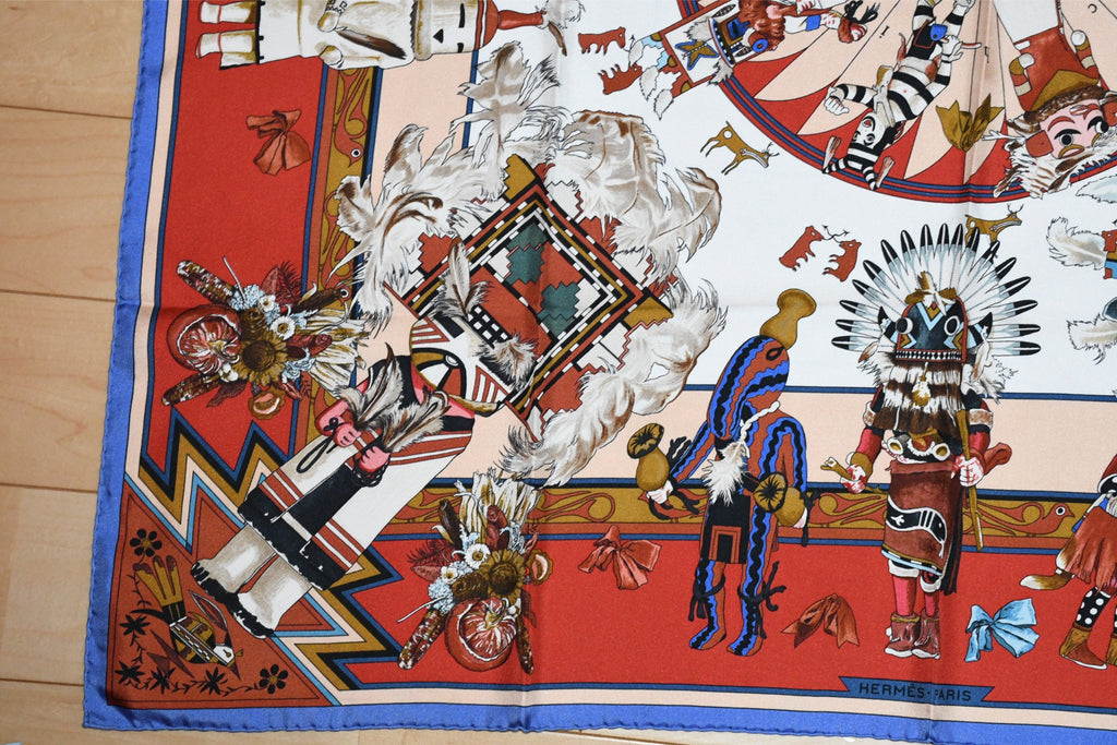 Hermes Scarf Kachina by Kermit Oliver 90 cm silk native red border blue Carre 35" 027
