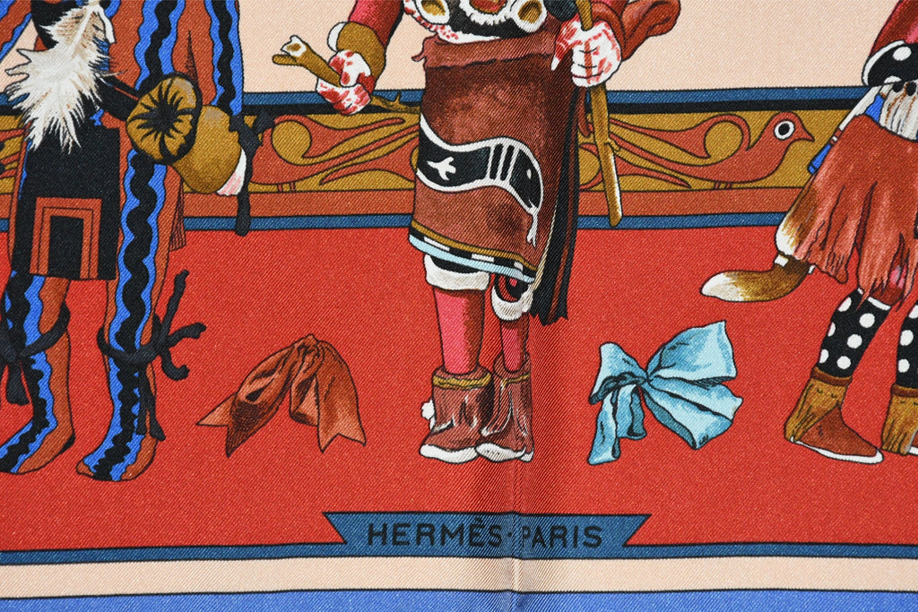 Hermes Scarf Kachina by Kermit Oliver 90 cm silk native red border blue Carre 35" 027