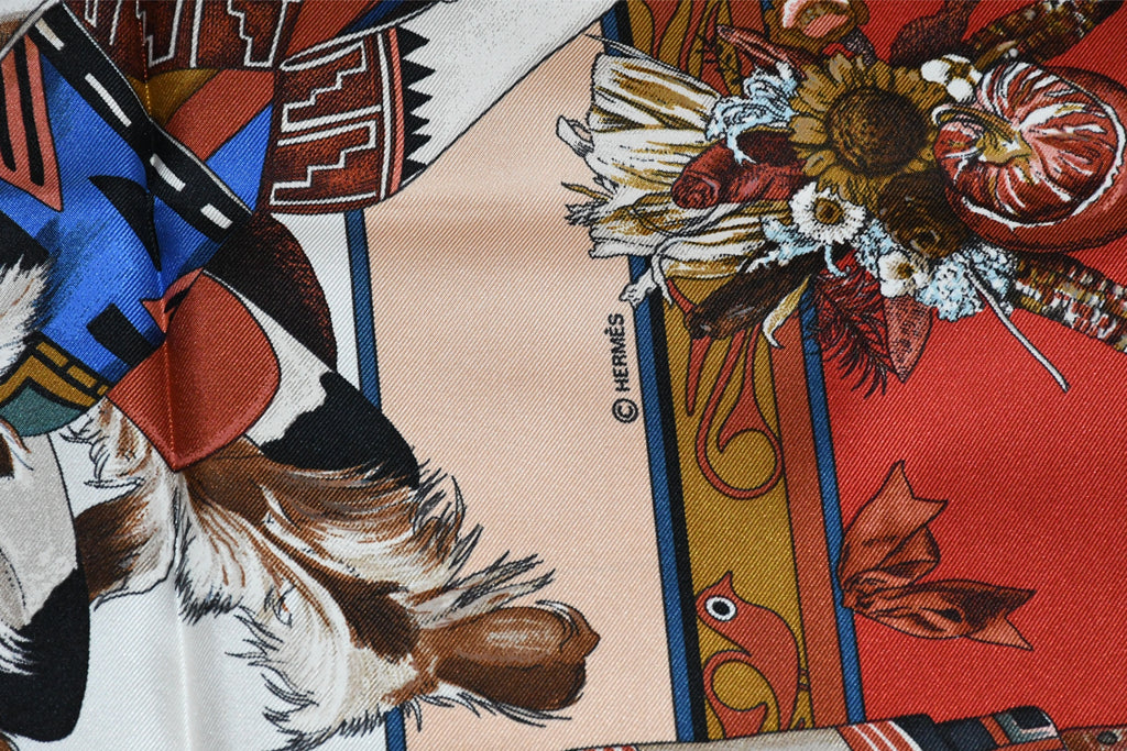 Hermes Scarf Kachina by Kermit Oliver 90 cm silk native red border blue Carre 35" 027