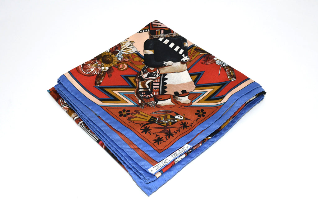 Hermes Scarf Kachina by Kermit Oliver 90 cm silk native red border blue Carre 35" 027