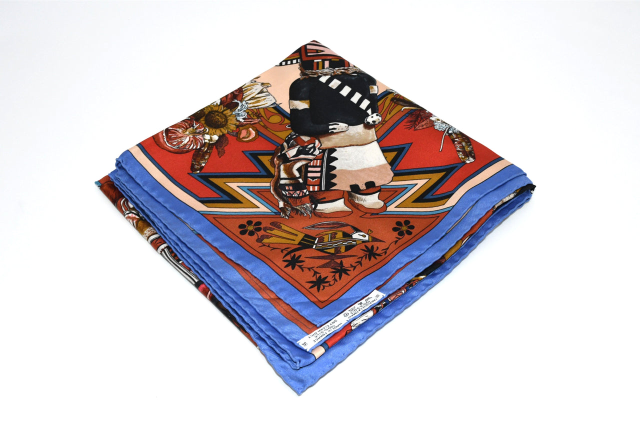 Hermes Scarf Kachina by Kermit Oliver 90 cm silk native red border blue Carre 35" 027