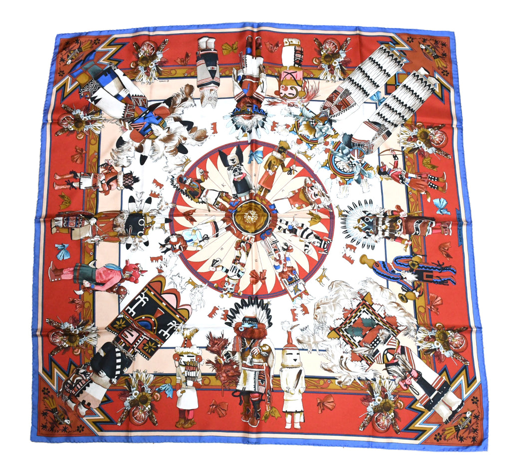 Hermes Scarf Kachina by Kermit Oliver 90 cm silk native red border blue Carre 35" 027
