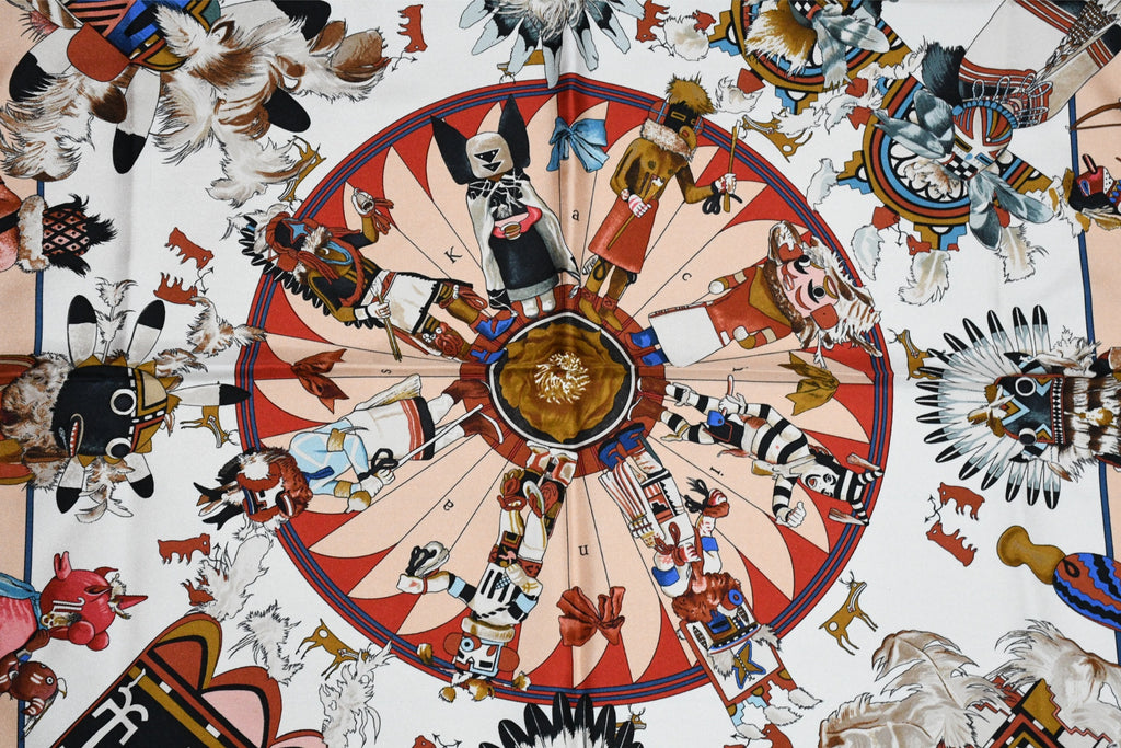 Hermes Scarf Kachina by Kermit Oliver 90 cm silk native red border blue Carre 35" 027