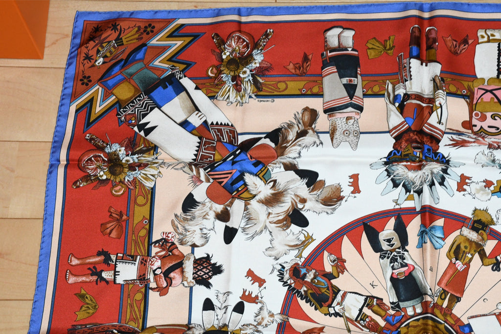 Hermes Scarf Kachina by Kermit Oliver 90 cm silk native red border blue Carre 35" 027