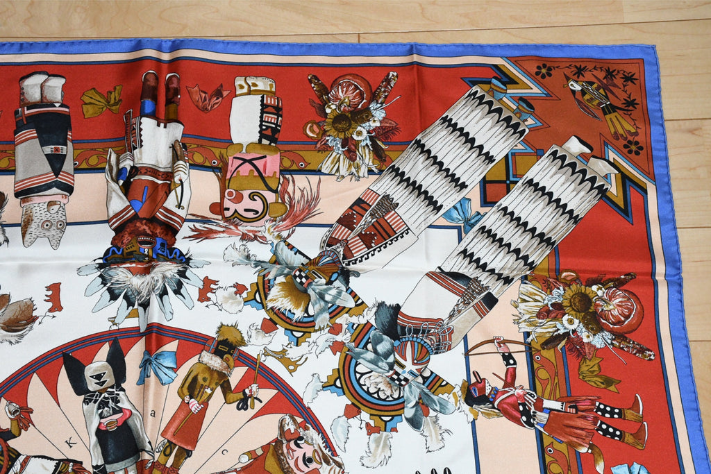 Hermes Scarf Kachina by Kermit Oliver 90 cm silk native red border blue Carre 35" 027