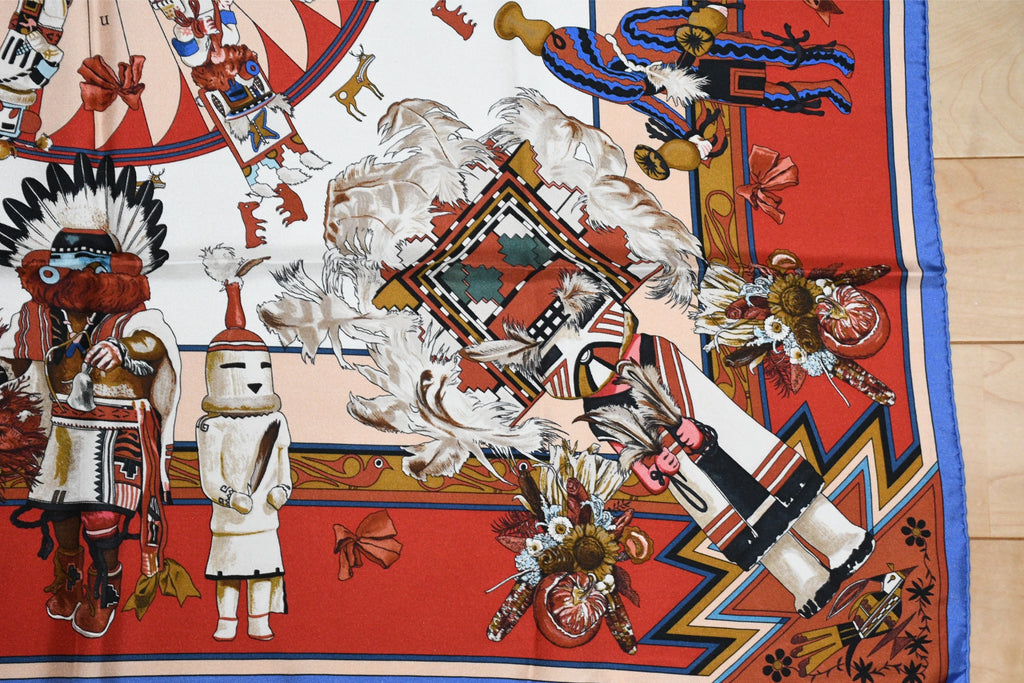 Hermes Scarf Kachina by Kermit Oliver 90 cm silk native red border blue Carre 35" 027