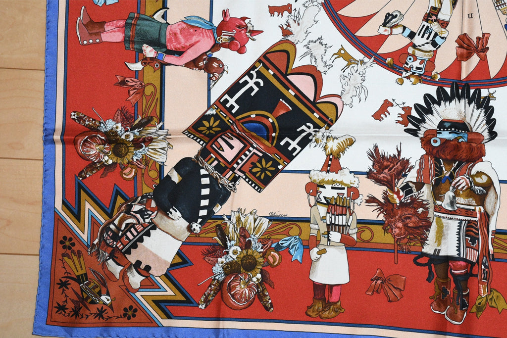 Hermes Scarf Kachina by Kermit Oliver 90 cm silk native red border blue Carre 35" 027