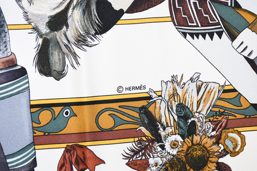 Hermes Scarf Kachina by Kermit Oliver 90 cm silk native white Carre 35" 082