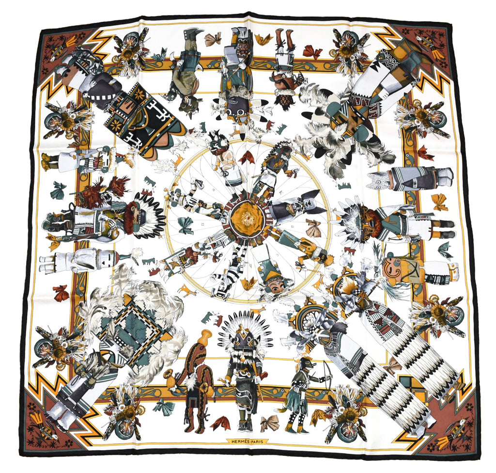 Hermes Scarf Kachina by Kermit Oliver 90 cm silk native white Carre 35" 082