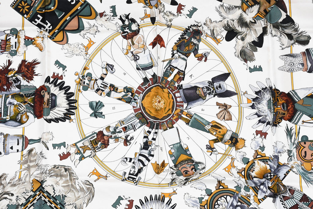 Hermes Scarf Kachina by Kermit Oliver 90 cm silk native white Carre 35" 082