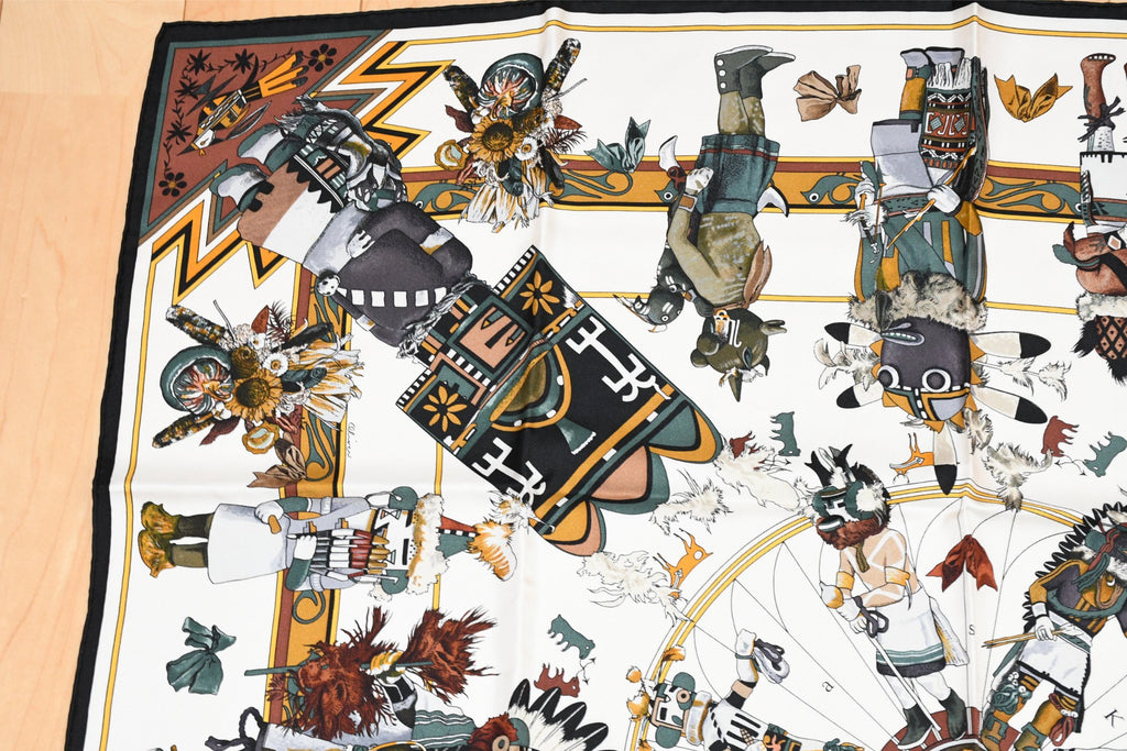 Hermes Scarf Kachina by Kermit Oliver 90 cm silk native white Carre 35" 082