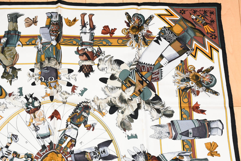 Hermes Scarf Kachina by Kermit Oliver 90 cm silk native white Carre 35" 082