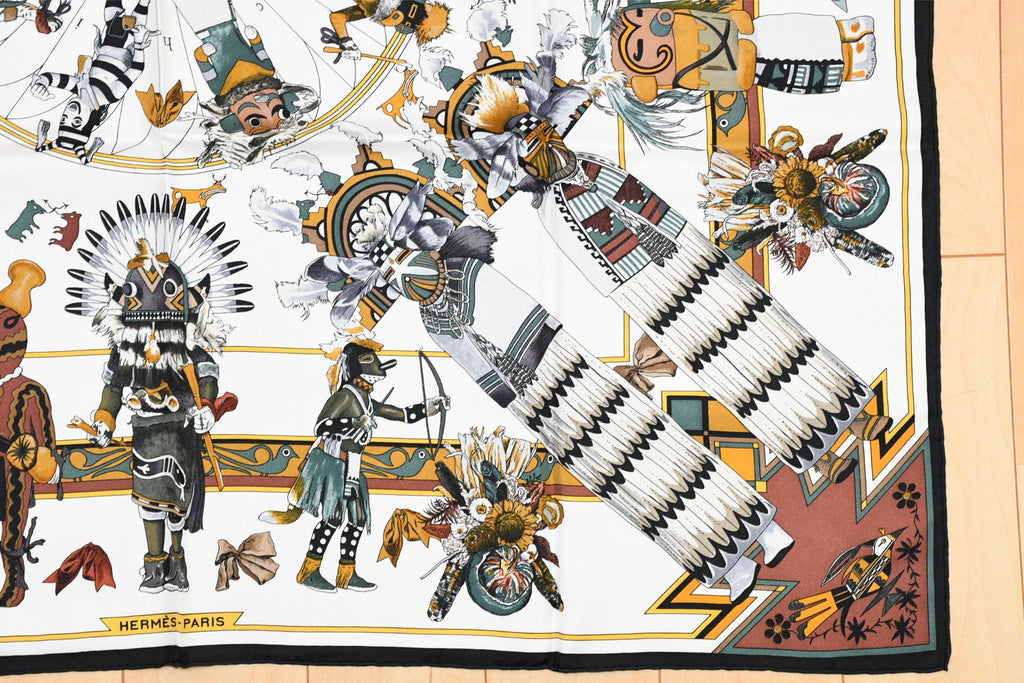 Hermes Scarf Kachina by Kermit Oliver 90 cm silk native white Carre 35" 082