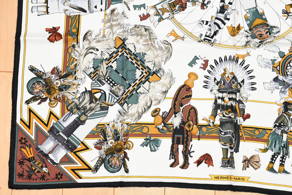Hermes Scarf Kachina by Kermit Oliver 90 cm silk native white Carre 35" 082