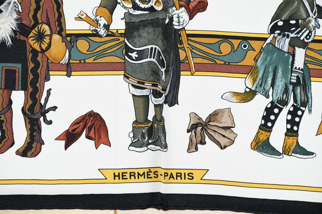 Hermes Scarf Kachina by Kermit Oliver 90 cm silk native white Carre 35" 082