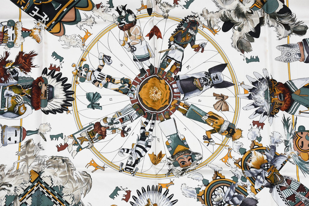 Hermes Scarf Kachina by Kermit Oliver 90 cm silk native white Carre 35" 082