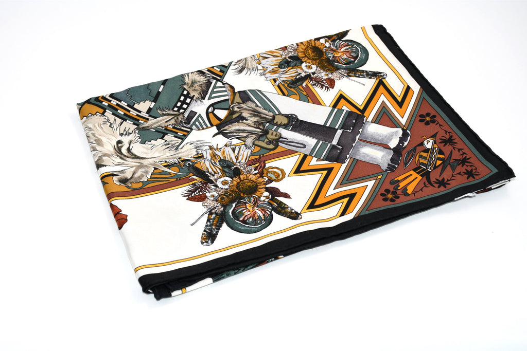 Hermes Scarf Kachina by Kermit Oliver 90 cm silk native white Carre 35" 082
